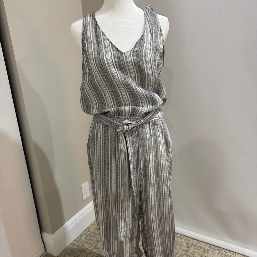 Striped Gray belted tank Jumpsuit 100%cotton. Fringe bottome
